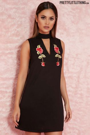 PrettyLittleThing Choker Detail Embroidered Shift Dress